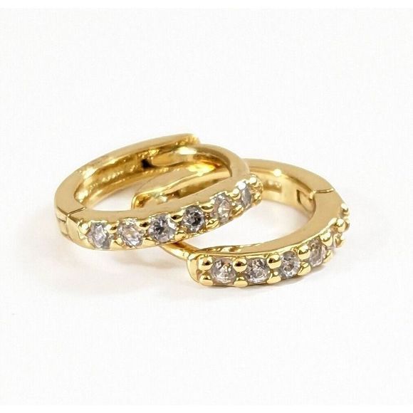 Small White CZ Stone Huggies 925 Sterling Silver Gold Tone Finish Hoop Earrings - Picture 1 of 7